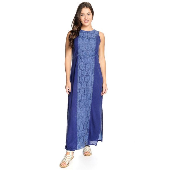 NWOT - Indigo Thread Mixed Media Acid Washed Keyhole Fully Lined Maxi Indigo 1X - Picture 1 of 2